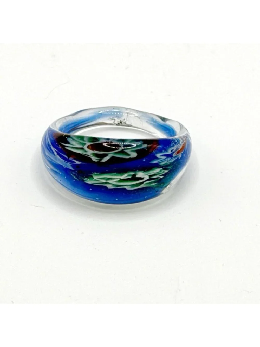 Murano Hand Blown‎ Art Glass Ring Blue Multicolor Millefiori Size 7.5